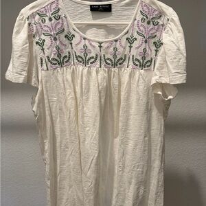 Lane Bryant Cream Top with Green and Purple Embroidery